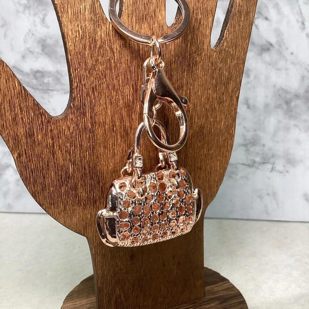 2-Way Black Floral Rhinestone Handbag Charm‎ - Key Chain Rose Gold Tone EUC